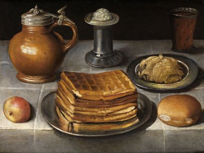 Still Life with Pewter Plates, Stone Jug, and Waffles by Circle of Georg Flegel